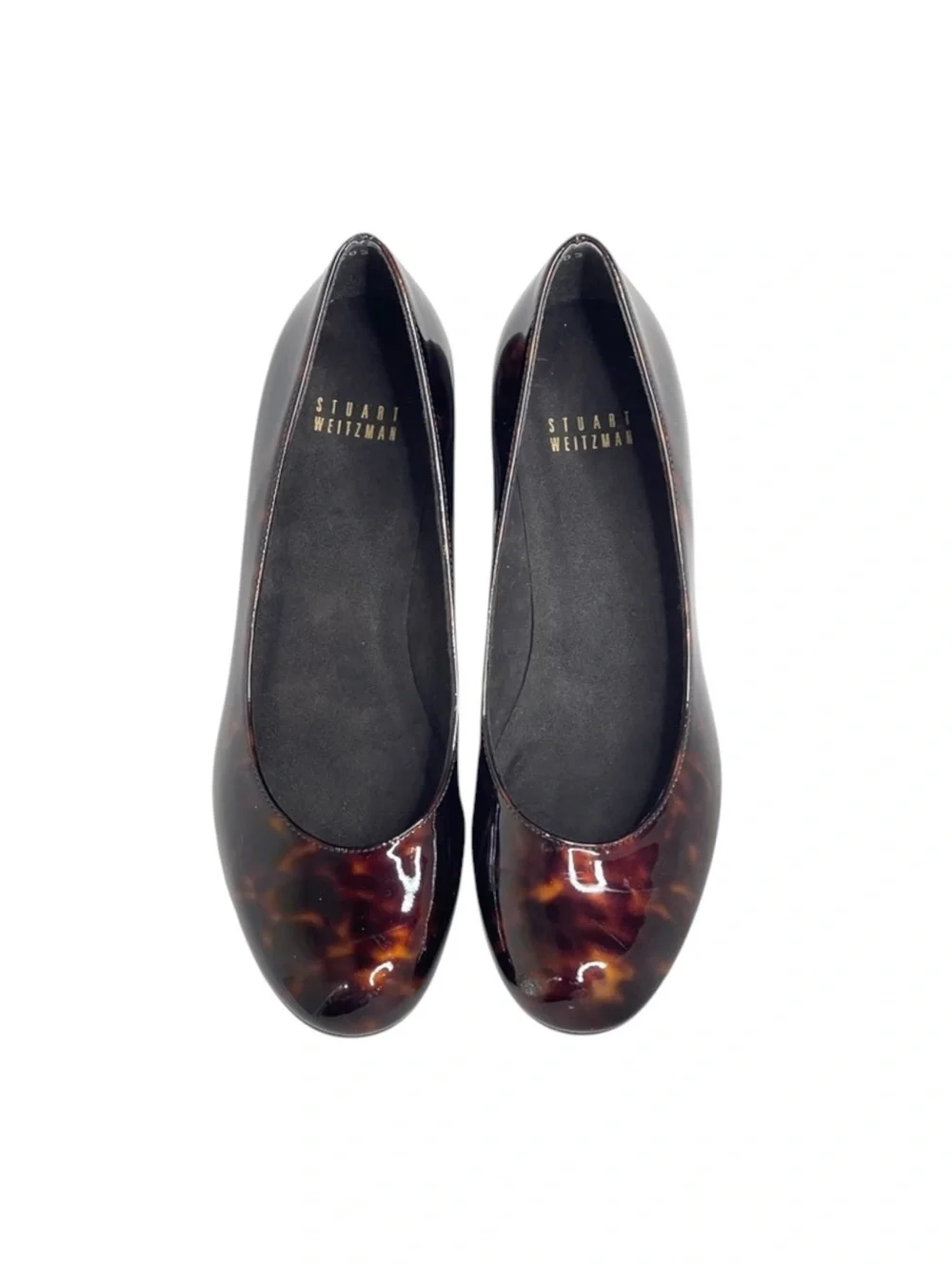 new Stuart Weitzman ᪥ Nusimple Patent Demi Wedge Heel Loafer ᪥ Cognac Tortoise 7